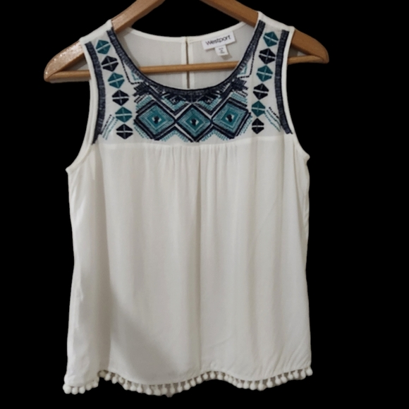Westport Tops - Westport sleevless embroidered top with pom pom hem. Size MP